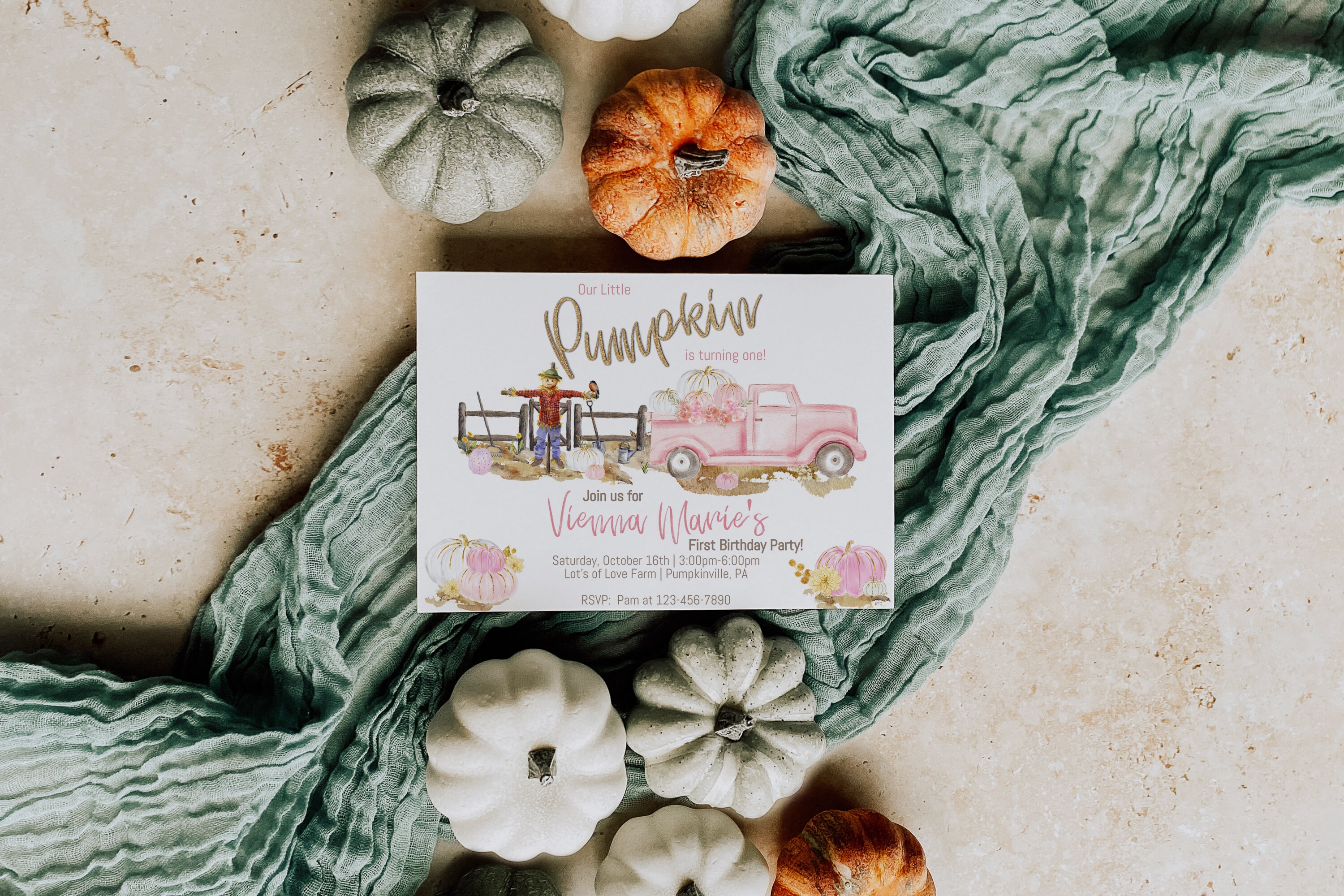 Pink Pumpkin Truck Fall Harvest Birthday Invitation - Instant