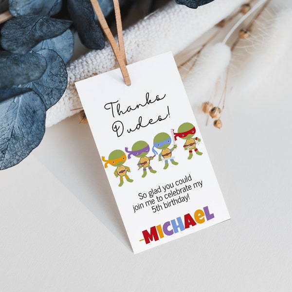 Green Turtle Inspired Solid Birthday Favor Tag- Instant Download