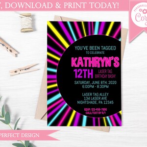 Laser Tag Birthday Party Neon Glow Party Invitation - Instant Download