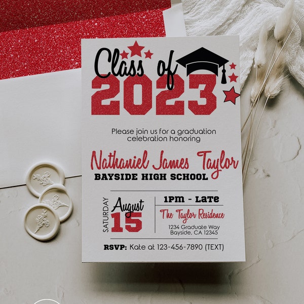 Red and Black Graduation Invitation- Instant Download