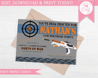 Uitnodiging voor verjaardagsfeestje Dart War: direct downloaden
