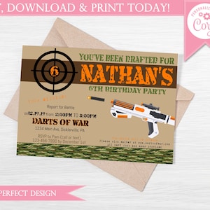 Dart War Birthday Party Invitation Brown - Instant Download