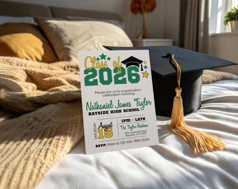 Invitación de graduación verde y dorada - Descarga instantánea