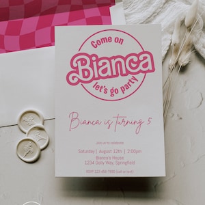 Come on Party Pink Doll Inspired Solid Birthday Invitation- Instant Download
