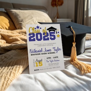 Blue and Gold Graduation Invitation- Instant Download