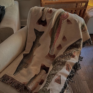 The Lake House Trout Throw Blanket | Vintage Trout Pattern Woven Blanket | Lake House Throw