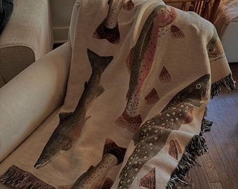 The Lake House Trout Throw Blanket | Vintage Trout Pattern Woven Blanket | Lake House Throw