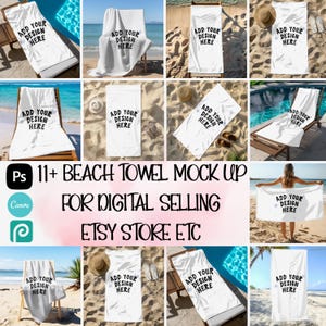 Pacote de mockup de toalha de praia | PNG e Canva | Toalha transparente | Sobreposição de arrastar e soltar | Mockups de toalha de banho e praia | Download digital