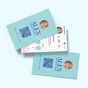 以下が含まれることがあります： 青と白のビジネスカードに「ALEX Beauty By Alex」とQRコードが書かれています。カードには、女性の顔写真と「Beauty Lifestyle Creator」というテキストも掲載されています。