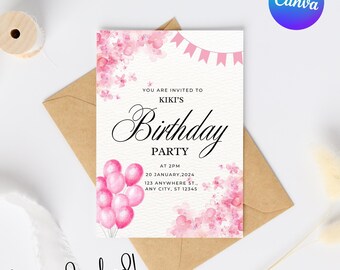 May include: Pink birthday party invitation with a watercolor background, balloons, and the text "You are invited to Kiki's Birthday Party at 2PM, 20 January, 2024, 123 Anywhere St., Any City, ST 12345".