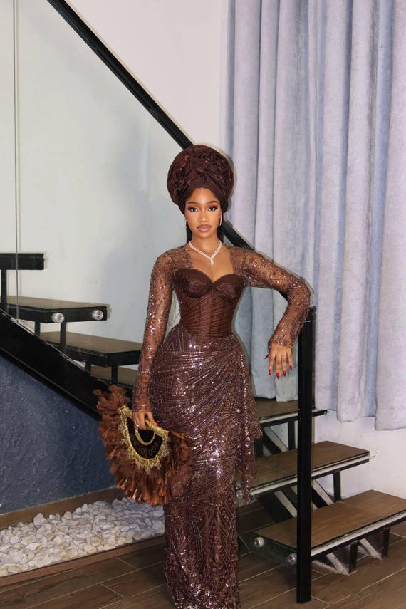 Elegant Brown Pencil Lace Dress: African Aso Ebi Wedding Gown