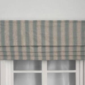 Light Blue Striped Linen Faux Roman Shades, Beige Valance, Custom Window Treatments, Light Filtering.