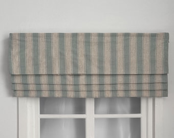 Light Blue Striped Linen Faux Roman Shades, Beige Valance, Custom Window Treatments, Light Filtering.