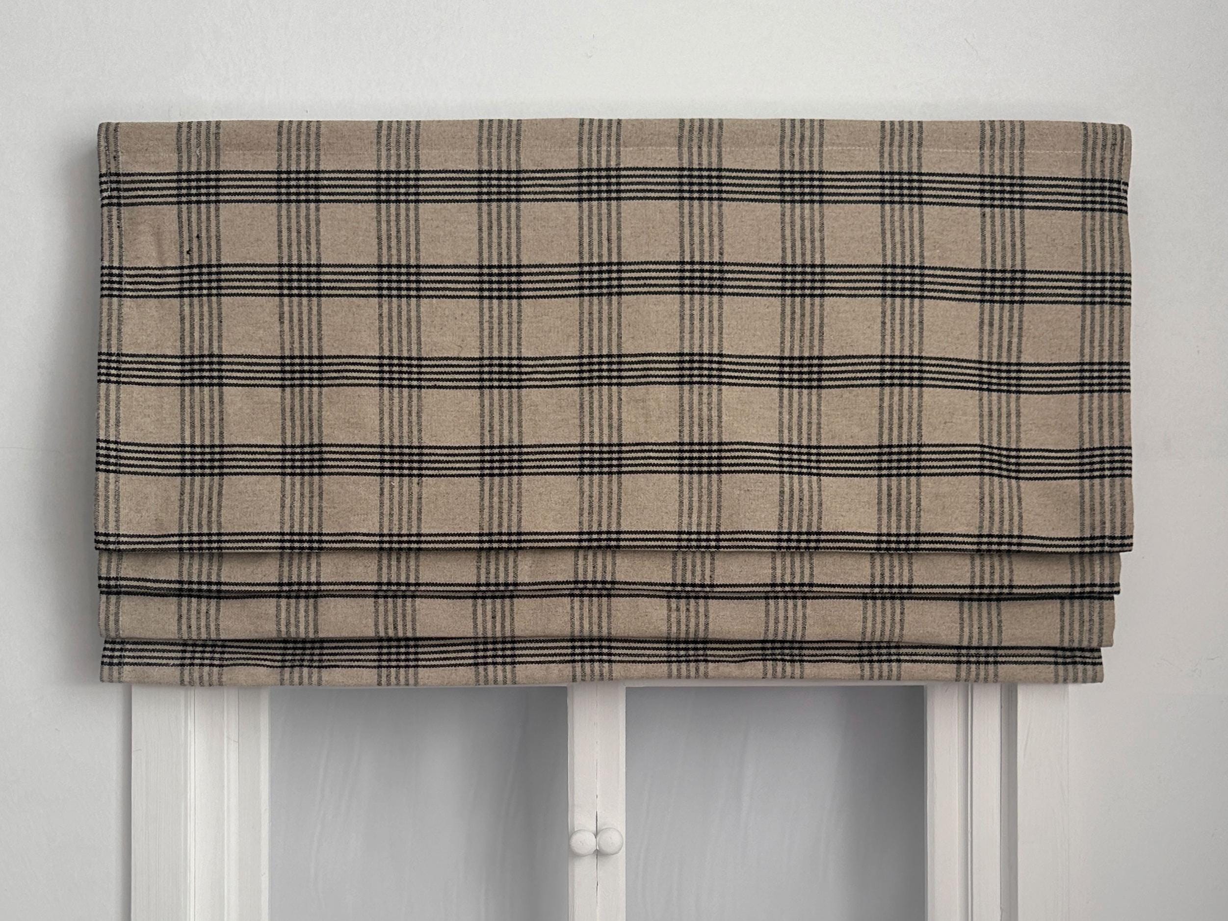 Black Striped Linen Faux Roman Shades, Beige Valance, Custom Window Treatments, Home Decor.