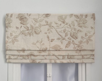 Yellow Floral Pattern Linen Faux Roman Shades, Beige Valance, Custom Window Treatments, Farmhouse Style.