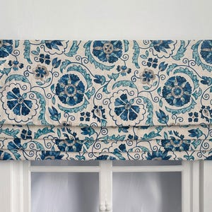 Blue Floral Pattern Faux Roman Shades, Beige Valance, Custom Size Window Treatments, Light Filtering, Handmade.