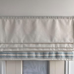 Beige Linen Cotton Faux (fake) Flat Roman Shades with Light Blue Trims, Custom Size Valance, Handmade, Contemporary Modern Curtain