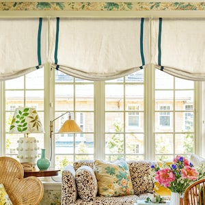 Custom ribbon decorative roman blinds, custom curtains, classic door roman blinds, blackout roman blinds available.