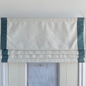 White Linen Cotton Faux (fake) Flat Roman Shades with Peacock Blue Trims, Custom Size Valance, Handmade