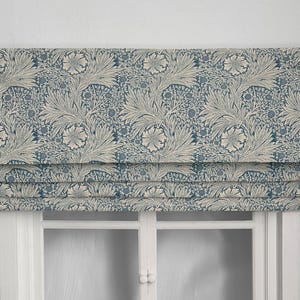 Beige Floral Pattern Linen Faux Roman Shades, Blue Valance, Custom Window Treatments, Home Decor.