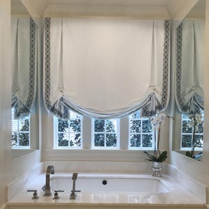 White Roman blinds, handmade to order, optional blackout curtains, optional blackout curtains, Roman blinds for kitchens, bathrooms.