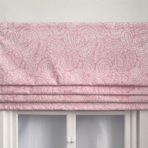 Pink Faux(fake) Roman Shades, Patterned Valance, Custom Size Window Treatments, Light Filtering, Handmade.