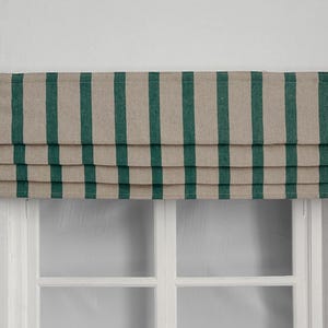 Green Striped Linen Faux Roman Shades, Beige Valance, Custom Window Treatments, Home Decor.