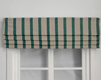 Green Striped Linen Faux Roman Shades, Beige Valance, Custom Window Treatments, Home Decor.