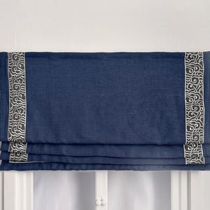 Navy Blue Linen Faux Flat Roman Shades with Black Trims, Custom Size Valance, Window Treatment, Light Filtering