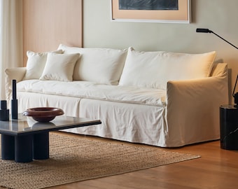 White cotton and linen custom sofa covers, complete sofa sets, living room decor, custom sizes.