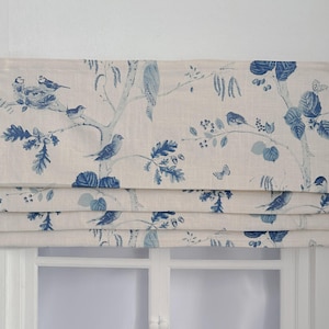 Blue Bird Pattern Linen Faux Roman Shades, Beige Valance, Custom Window Treatments, Farmhouse Style.