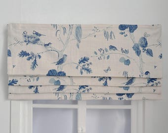 Blue Bird Pattern Linen Faux Roman Shades, Beige Valance, Custom Window Treatments, Farmhouse Style.