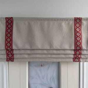 Beige Linen Faux Flat Roman Shades with Red Trims, Custom Size Valance, Handmade