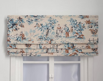 Blue Manor Pattern Linen Faux Roman Shades, Beige Valance, Custom Size Window Treatments, Farmhouse Style, Handmade.