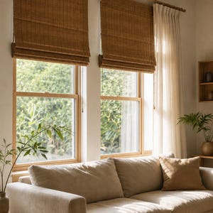 Può includere: Due tende a rullo in bambù intrecciato marrone sono montate su un bastone per tende in legno sopra due finestre. Un lungo divano beige chiaro con un cuscino abbinato è posizionato davanti alle finestre, decorate anche con tende bianche trasparenti.