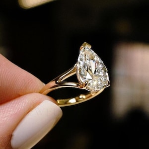 14K Gold Ring 8x12 MM Pear Cut Moissanite Ring Split Shank Moissanite Ring Solitaire Engagement Ring  Diamond Ring Wedding Ring Gift For Her