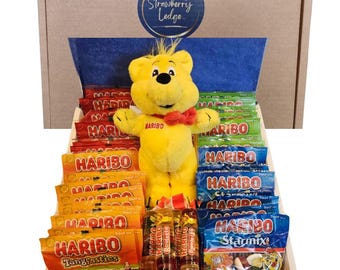 Haribo & Plush Teddy Bear Sweets Gift Box - Haribo Starmix, Supermix, Strawberries, Roulettes and  Haribo Bear, Birthdays, Xmas, Gifting.