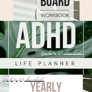 Può includere: Grafica di pianificatore digitale con testo "VISION BOARD WORKBOOK", "ADHD LIFE PLANNER" e "YEARLY CALENDAR UNDATED". Il design incorpora una palette di colori neutri con accenti di foglie verdi e le parole "Tap here for download".