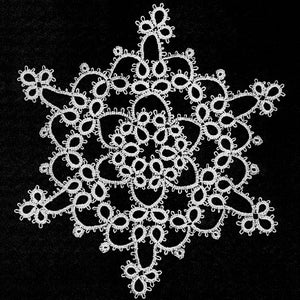 May include: White lace snowflake design with intricate details. The snowflake is made of delicate, interwoven loops and curves.