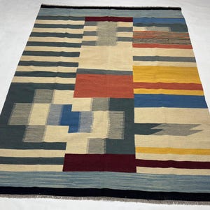 Alfombra Kilim de tejido plano moderna hecha a mano, alfombra de lana geométrica multicolor, decoración del hogar bohemia contemporánea, alfombra Kilim personalizable