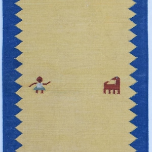 May include: A yellow rug with a blue border and a repeating pattern of stylised figures and trees. The figures are brown and blue, and the trees are green.