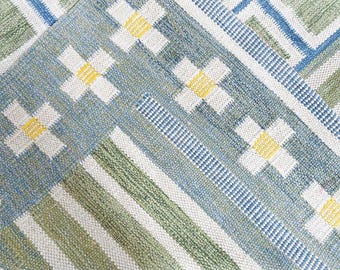 May include: Close-up of a woven rug with a geometric pattern. The rug features a combination of blue, green, white, and yellow colors. The design includes cross-like shapes and striped sections, creating a textured appearance.