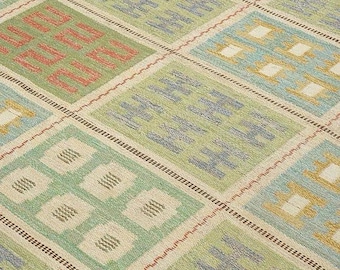 May include: A woven area rug featuring a repeating grid pattern of squares. Each square contains geometric shapes in muted shades of sage green, light blue, soft coral, and cream. The design is separated by thin, dark brown linear borders.