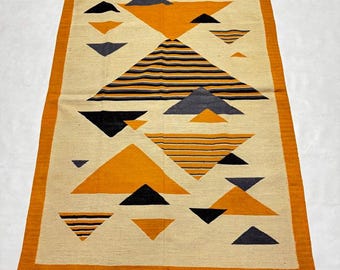 Handmade Modern Kilim Rug, Geometric Triangle Design in Mustard, Black & Grey, Flatweave Wool Area Carpet, Hand made swedish boho kilim rug