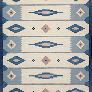 Handmade Scandinavian kilim rug, Swedish Made to order wool rug,Nordic minimalist home decor,Sustainable blue kilim rug,Boho living room rug