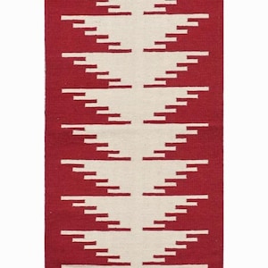 Handmade Kilim Runner Rug, Modern Red & Cream Geometric Design, Wool Area Carpet, Boho Tribal Hallway Runner, Custom handwoven kilim rug