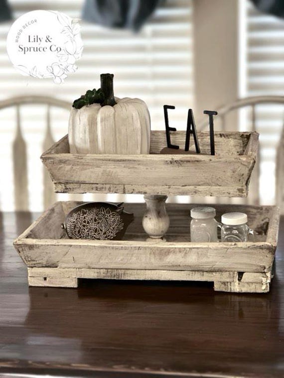 Square 2-Tiered Wooden Tray