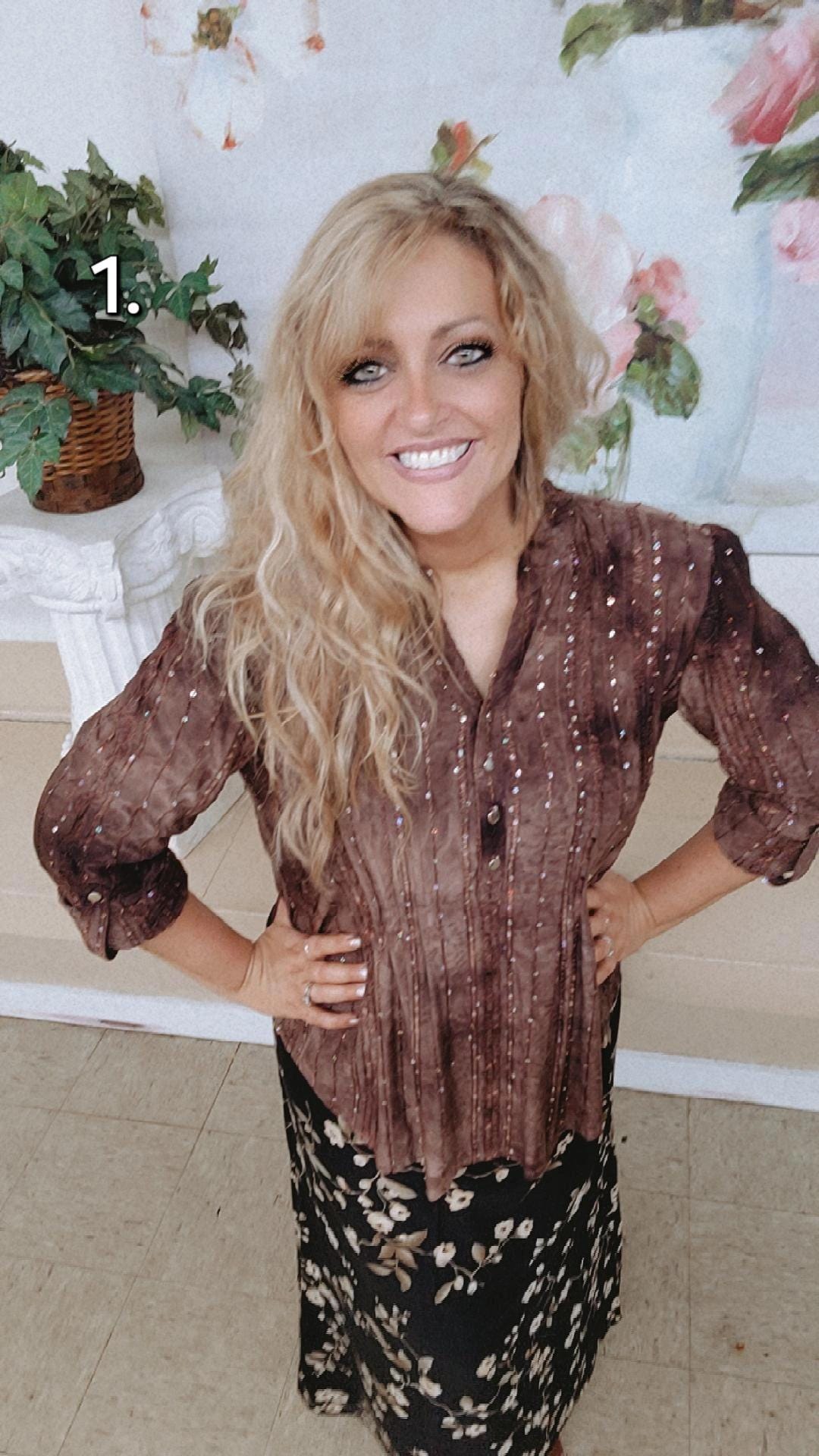 Women Brown Floral Wrap Top With Skirt