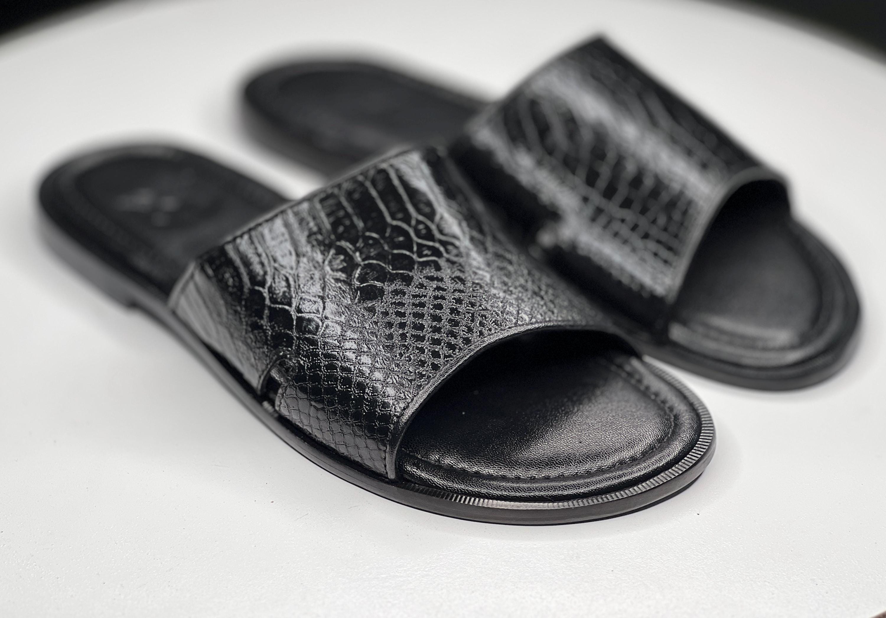 Croc Black Snakeskin Slides Crocodile Sandals