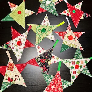 Set of 10 Handmade Quilted Star Christmas Ornaments | Button Accents & Triangle Design | Holiday Tree Decor